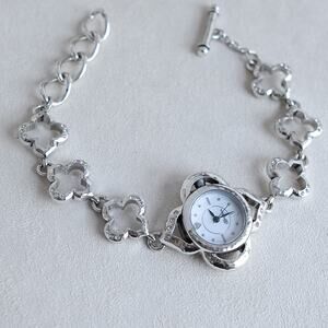 Brighton Bilbao Hammered Silver Watch Rhinestone Accents Toggle Clasp Quartz